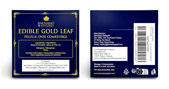 Barnabas Edible Gold Leaf Sheets 24K - Loose 1.5inch Sheet, Interleaf of 12