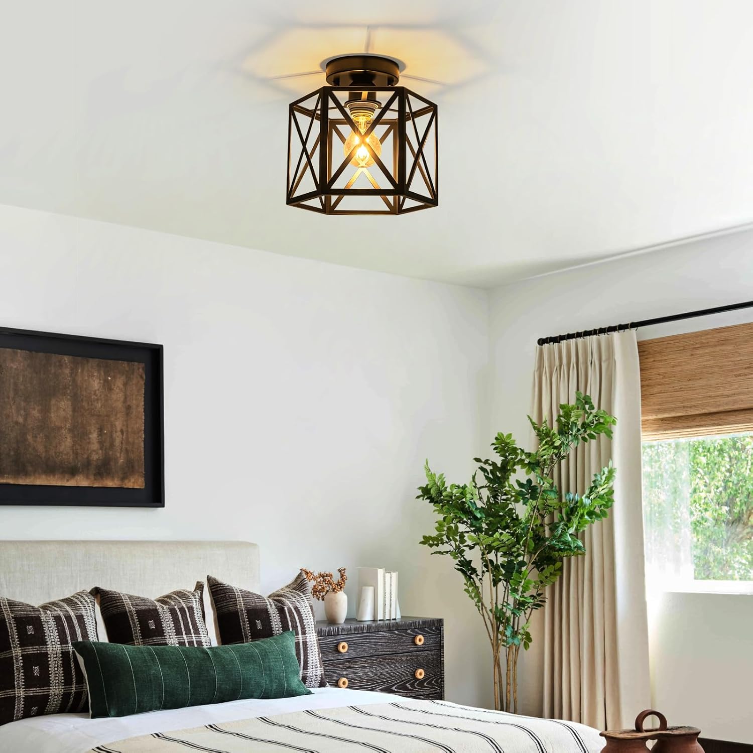 WILON Farmhouse Semi Flush Mount Ceiling Light, Industrial Black Hallway Light Fixture, Small Metal Cage Close to Ceiling Lights for Kitchen Sink Porch Dining Room Entryway Foyer