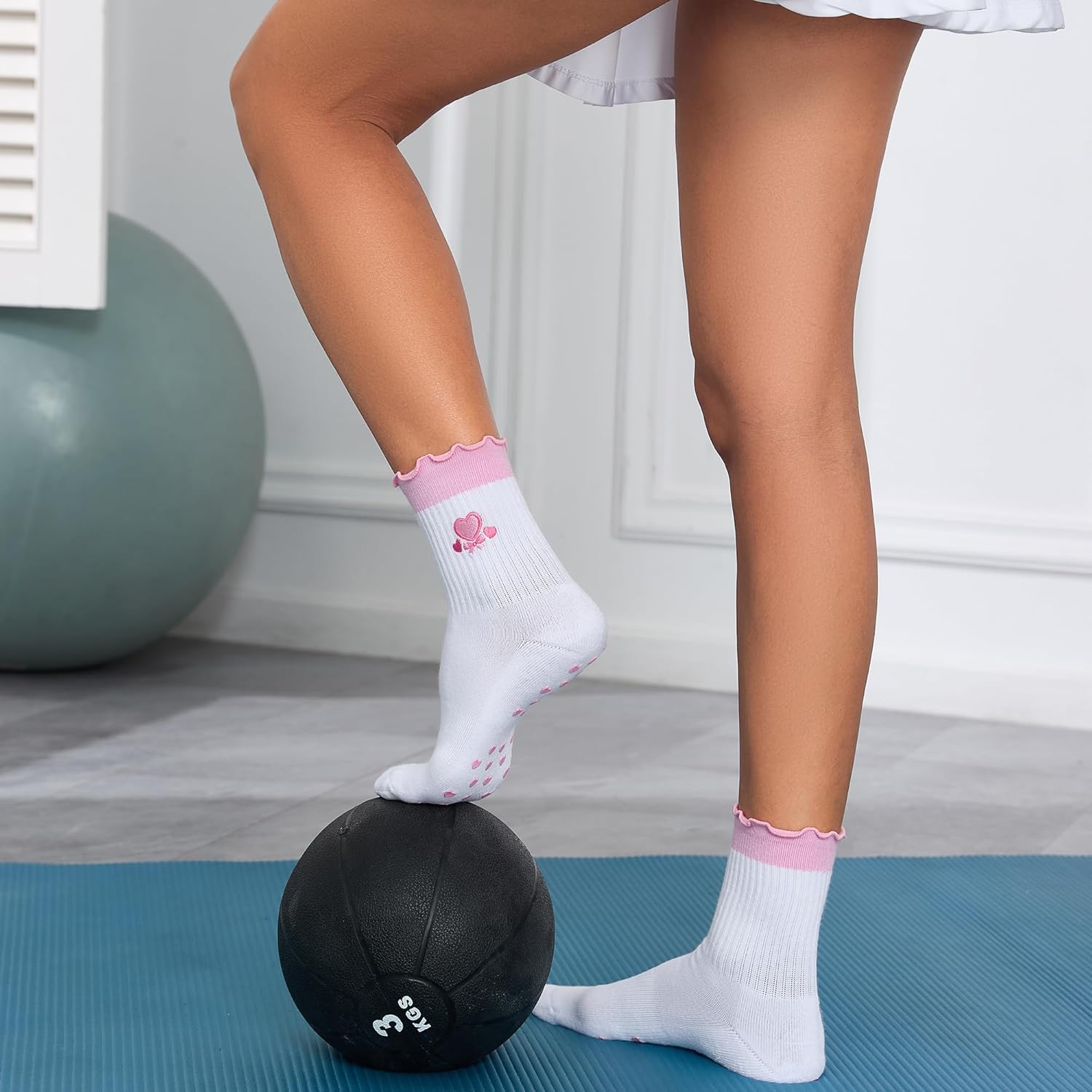 Cute Pilates Socks with Grips for Women Ruffle Cuff Embroidery Non Slip Yoga Socks for Workout, Barre, Pilates Gifts - Image 6
