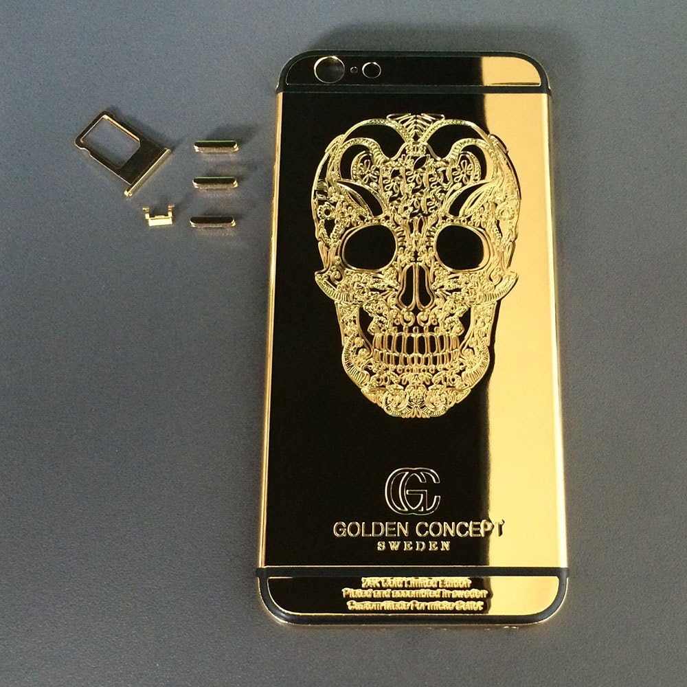 Rinbers GOLD/Black Stripe Skull Pattern 24K Gold Limited Edition Golden Concept Metal Back Rear Cover Housing Replacement Middle Frame Plated Bezel iPhone 6 Plus 5.5" with Logo&Buttons