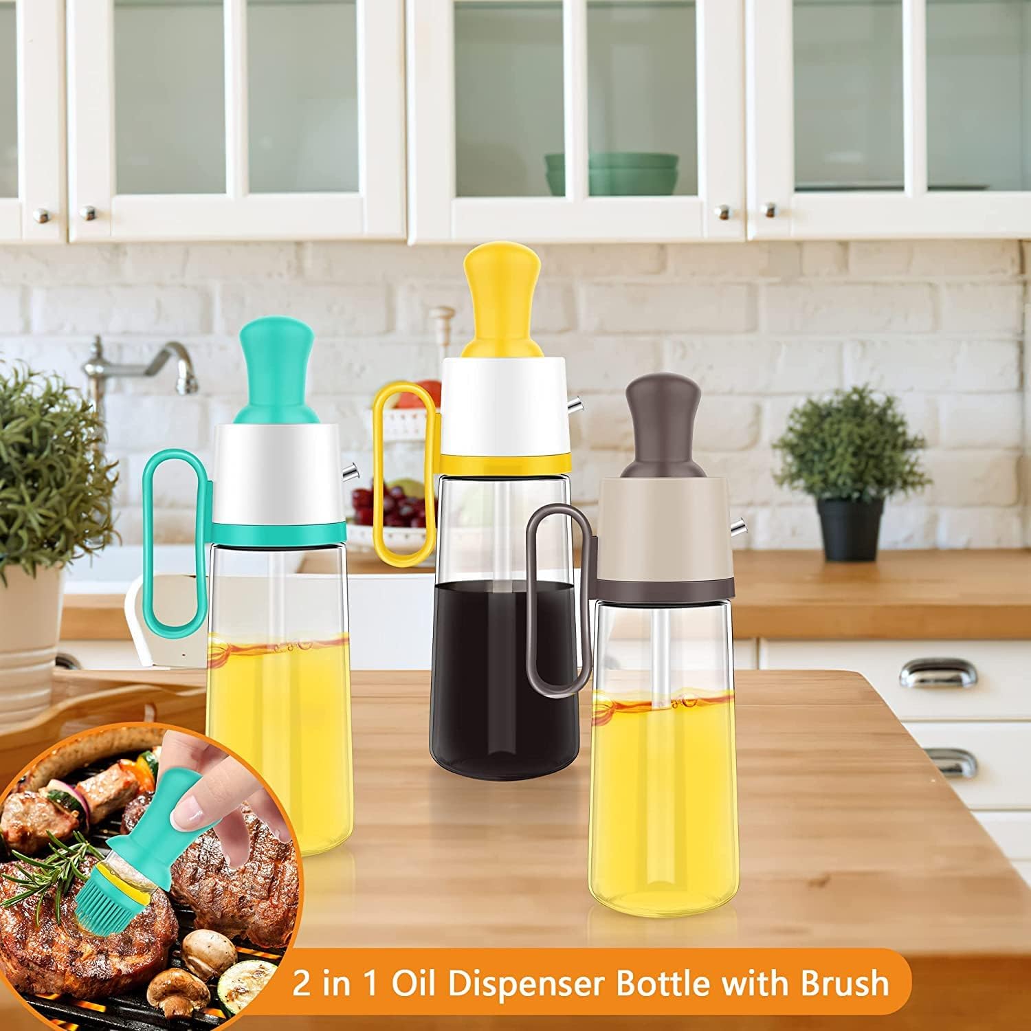 Distributeur d'huile avec pinceau en silicone - Résistant à la chaleur et facile à nettoyer (550 ml, jaune) - Image secondaire