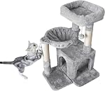 Pesofer Cat Tree, Small Cat Tower with Sisal Scratching Post, Deep Basket Light Gray