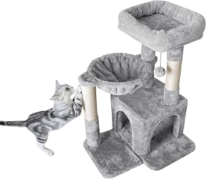 Pesofer Cat Tree, Small Cat Tower with Sisal Scratching Post, Deep Basket Light Gray