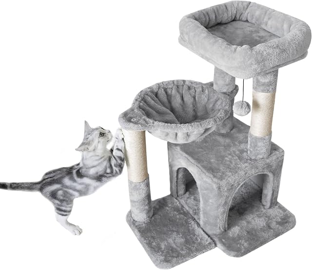 Pesofer Cat Tree, Small Cat Tower with Sisal Scratching Post, Deep Basket Light Gray