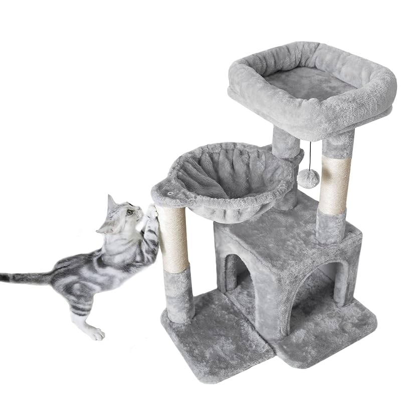 Árvore de atividades para gatos Pesofer com poste de sisal, rede e condomínio, cinza-claro, 49,8 x 33,8 x 73,7 cm