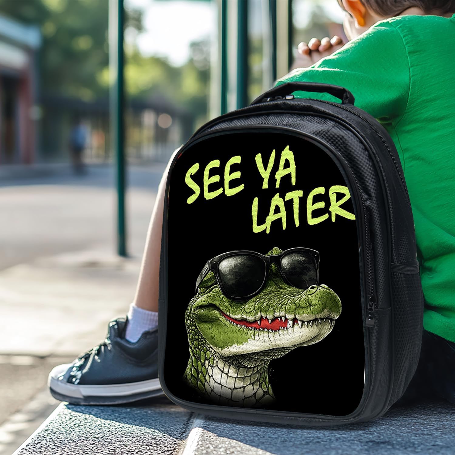 Funny Crocodile Backpack Cool School Bag 3PCS Backpack 16 Inch with Lunch Bag Set Lightweight for Teen Boys Girls Kids Elementary Middle School