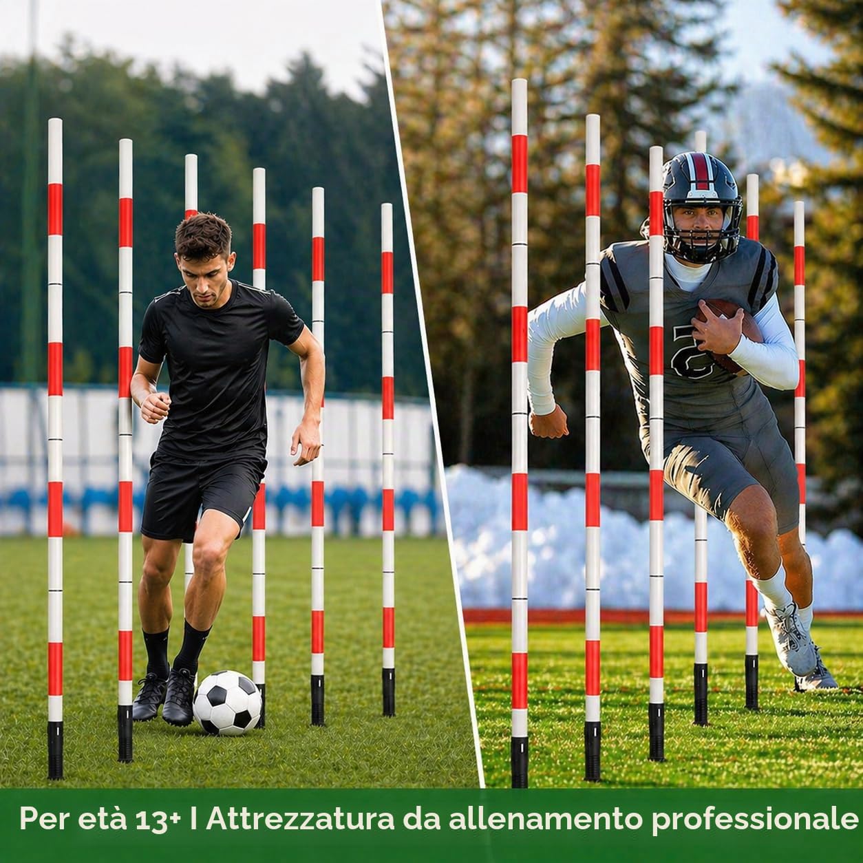Set di Pali per Allenamento di Agilità Multifunzionale per Calcio Include 6 Pali per Agilità da Calcio, 3 Bastoni Orizzontali Regolabili, 6 Fibbie e 1 Borsa da Trasporto.