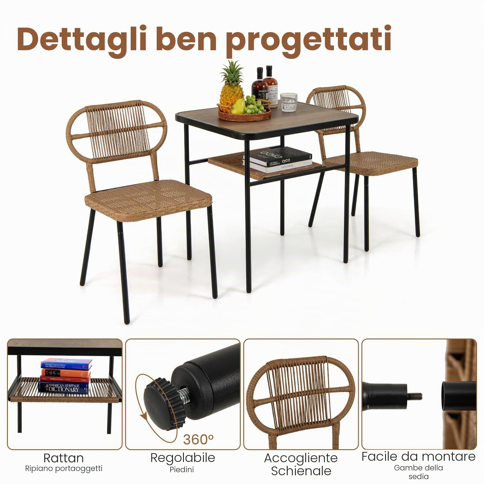 LIFEZEAL Set di mobili da giardino in polyrattan con 2 sedie per giardino, tavolo da giardino con mensola, set di mobili da giardino 3 pezzi per terrazza, patio, piscina