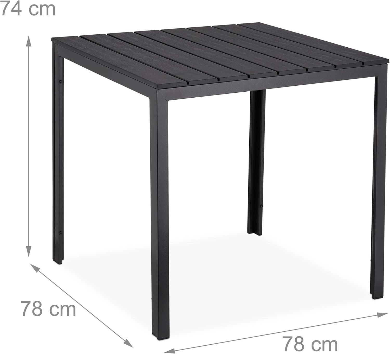 Garden Table, H x W x D: 74 x 78 x 78 cm, Balcony Table Wood Look, Plastic, Steel, Square Patio Table, Black