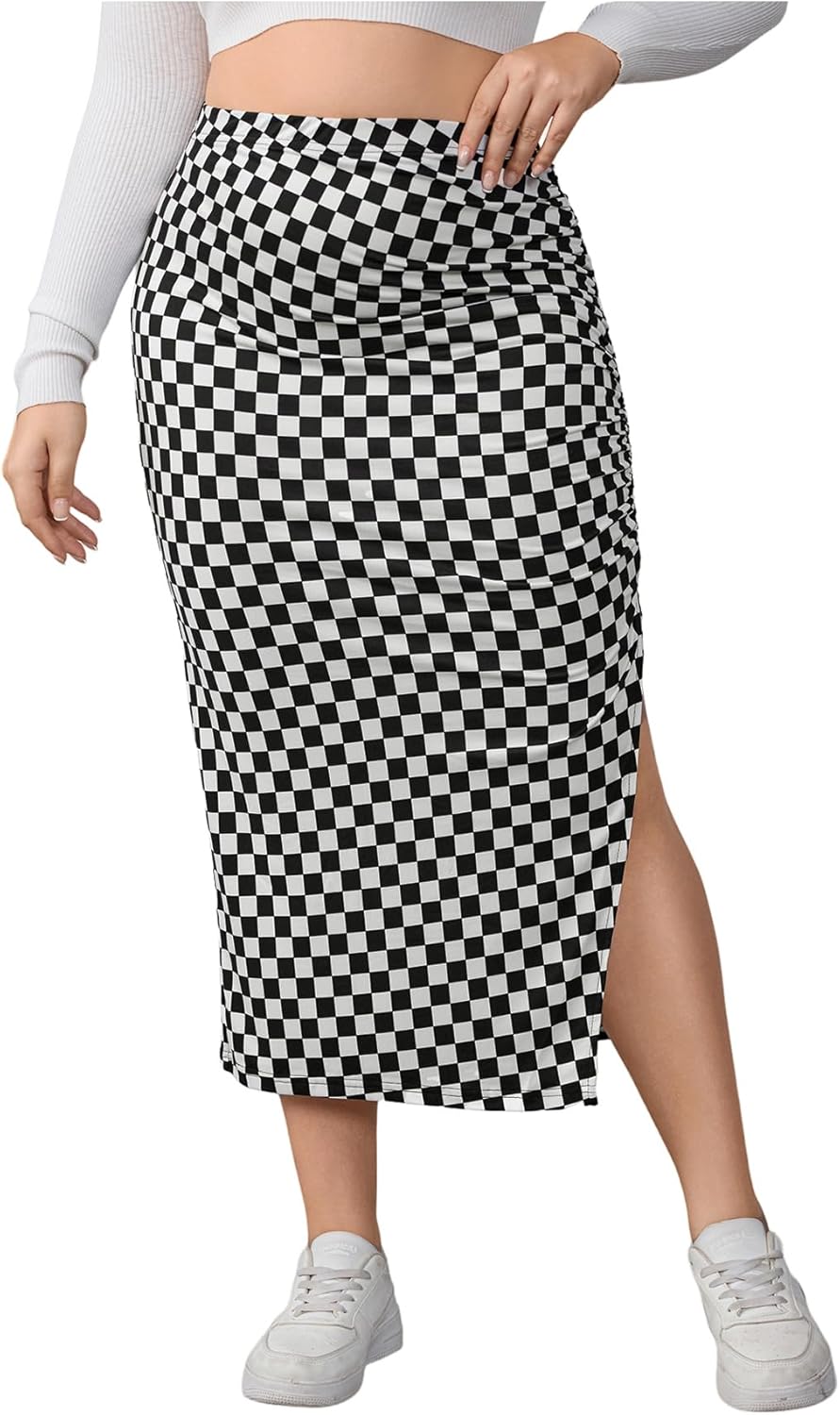WDIRARA Women's Plus Size Checkered Split Thigh Midi Skirt Ruched High Waisted Bodycon Skirts
