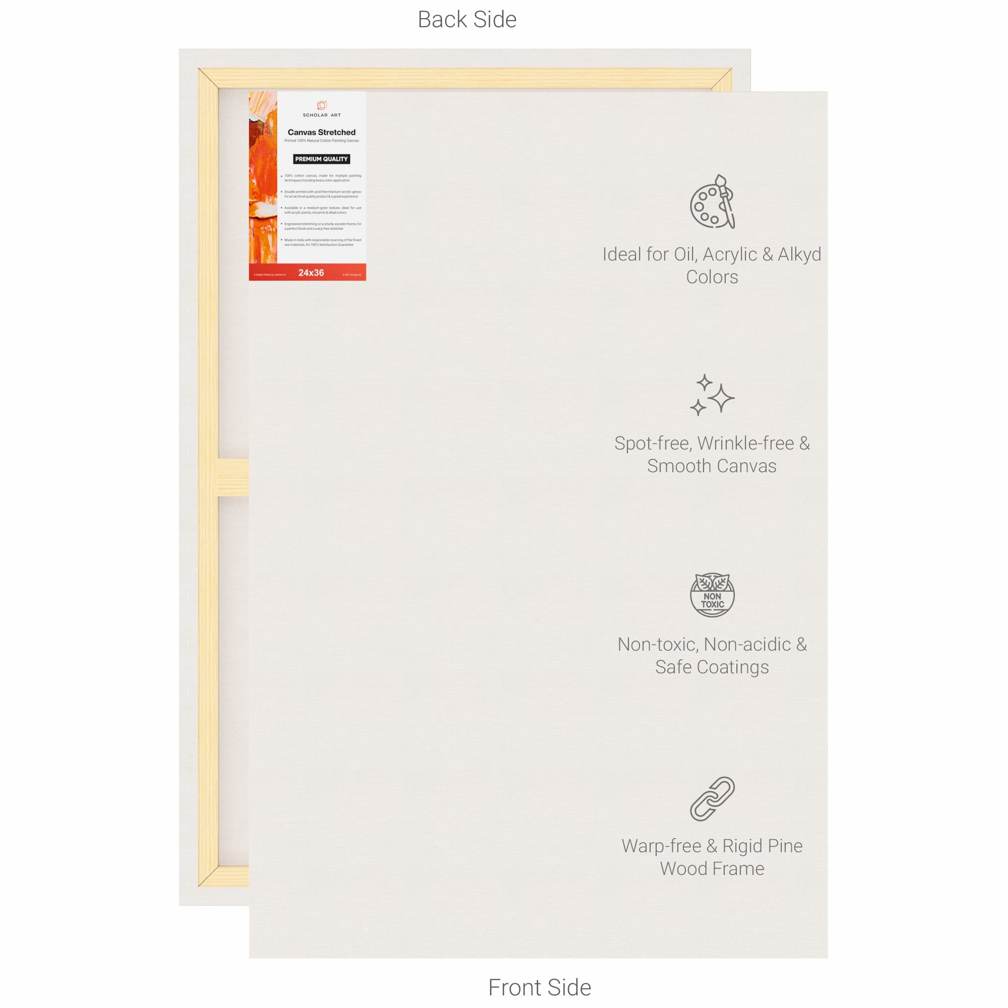 Scholar Art® Artist Standard Series 10 Oz (440 GSM) 100% Cotton Pre-Stretched Canvas with Wooden Frame 18x40 mm | Primed Canvas Stretched for Oil & Acrylic Painting | 24"x36" (60x90 cm), Pack of 2 4
