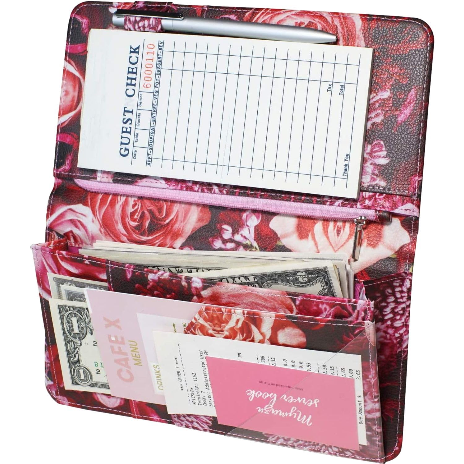 Server Book for Waitress with Zipper and Magnetic Pocket 5" X 9" Rose Flower Waitress Book Red Waiter Book Wallet Restaurant Waitstaff Organizer Fit Server Apron with Money Pocket