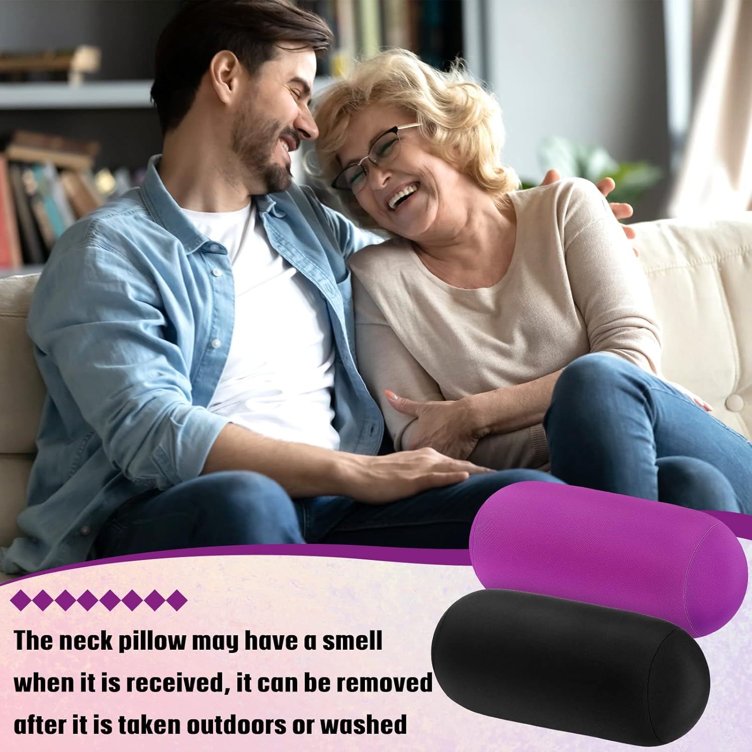 Geelin 2 Pcs Microbead Roll Pillow 11.8 x 6.3 Inch Soft Pillow Bolster Cylindrical Pillow Microbead Pillows for Sleeping Home Travel Neck Head Back Support Rest (Violet, Black)