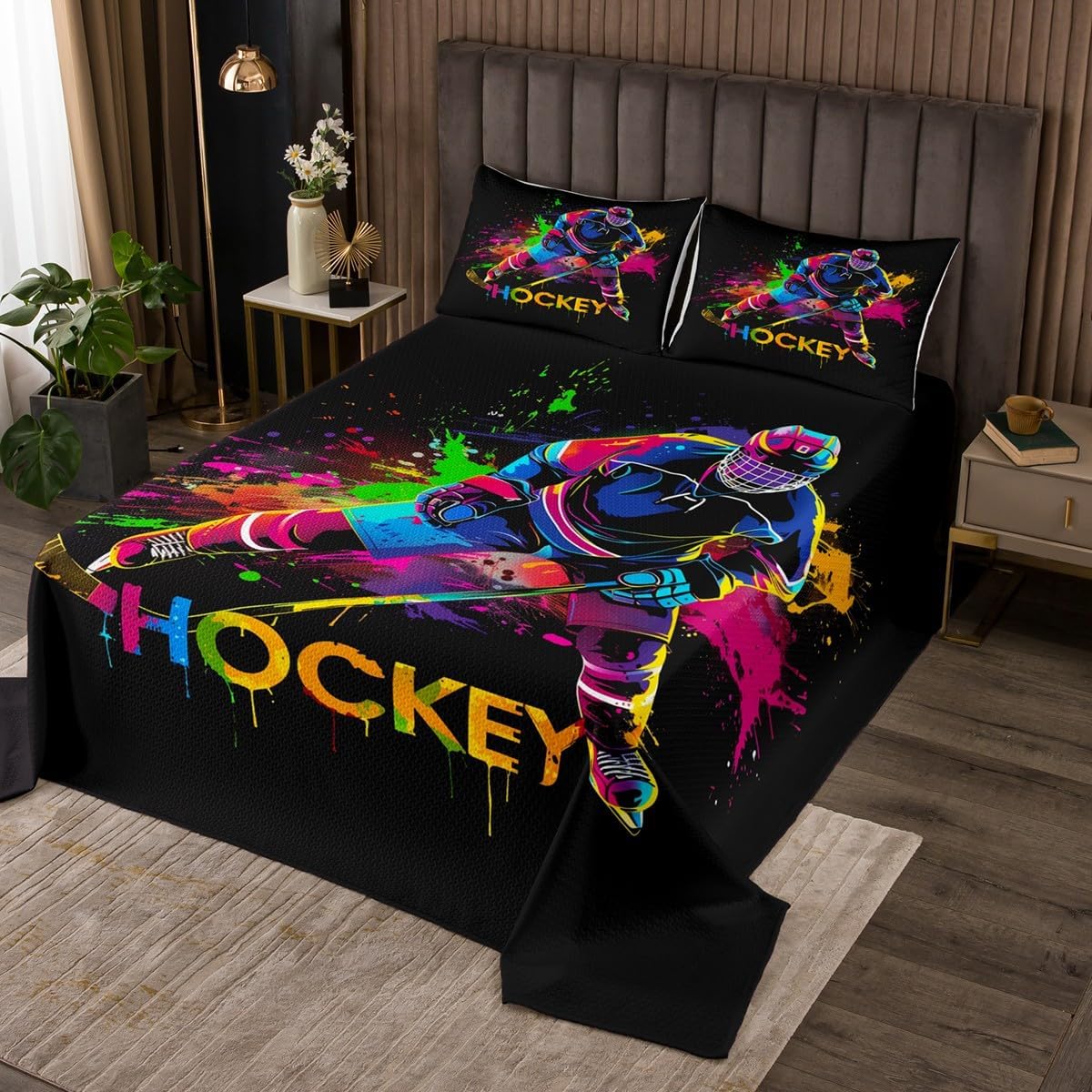 Erosebridal Puck Coverlet Set King Size Hockey Player Bedding Set for Kids Boys Girls Hockey Athlete Silhouette Watercolor Quilted Coverlet Rainbow Graffiti Sports Blue Quilted