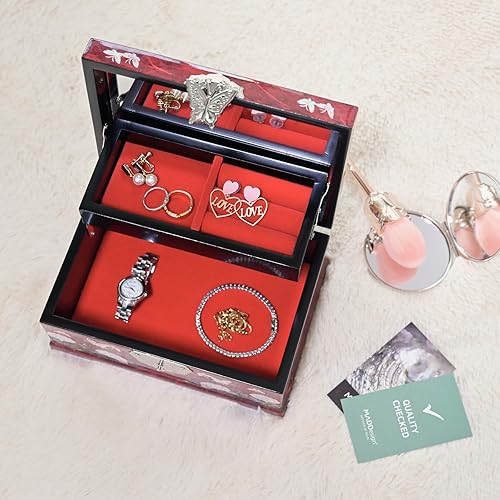 Miniatura 5 de MADDesign Mother of Pearl Joyero Anillo Espejo Tapa 2 Nivel Pavo Real Rojo