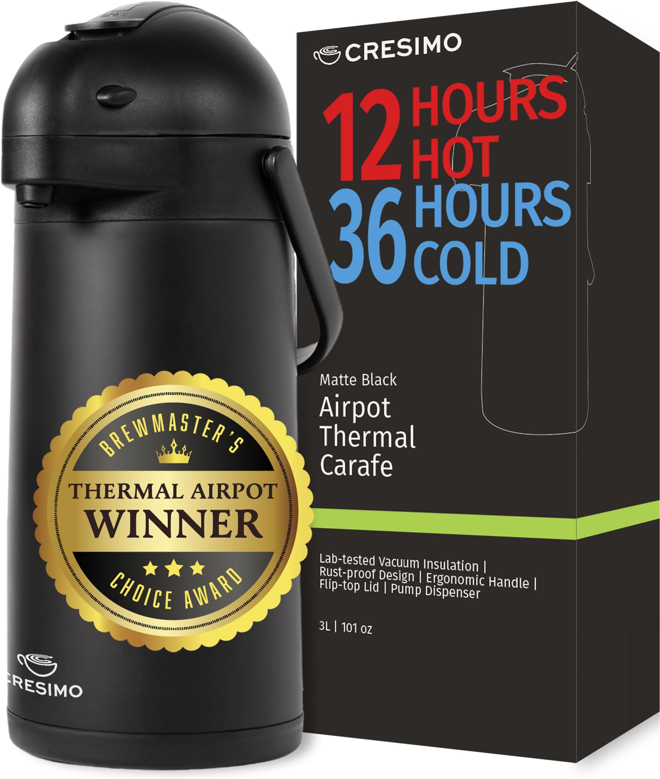 101 Oz Airpot Thermal Coffee Carafe - Black Stainless Steel Coffee Dispenser with Pump - Thermal Beverage Dispenser - Thermos Coffee Carafe for Keeping Hot Coffee & Tea Hot For 12 Hours - Cresimo