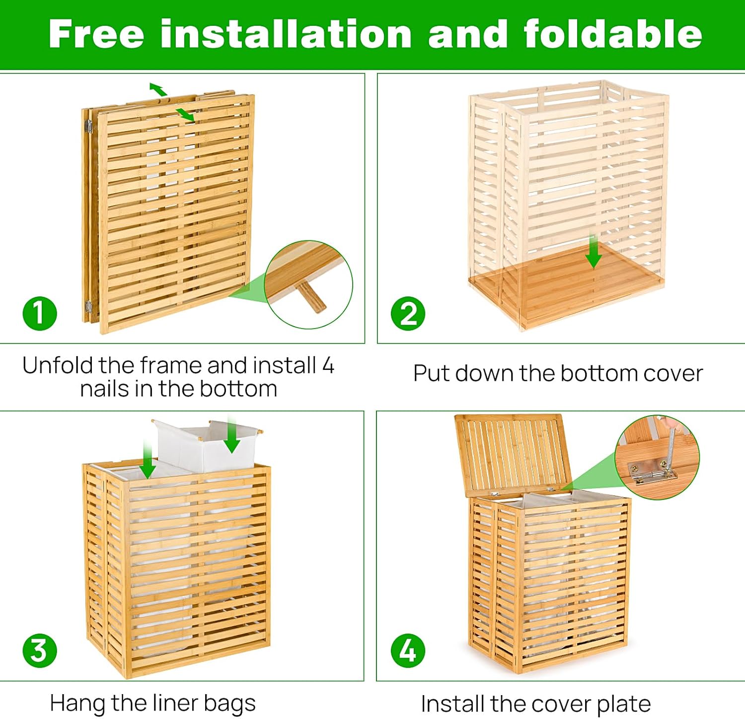 Laundry Hamper with Lid, Bamboo Laundry Basket with 2-Section Removable Liner Bag, Foldable Clothes Hamper for Laundry Room, Bathroom, Bedroom