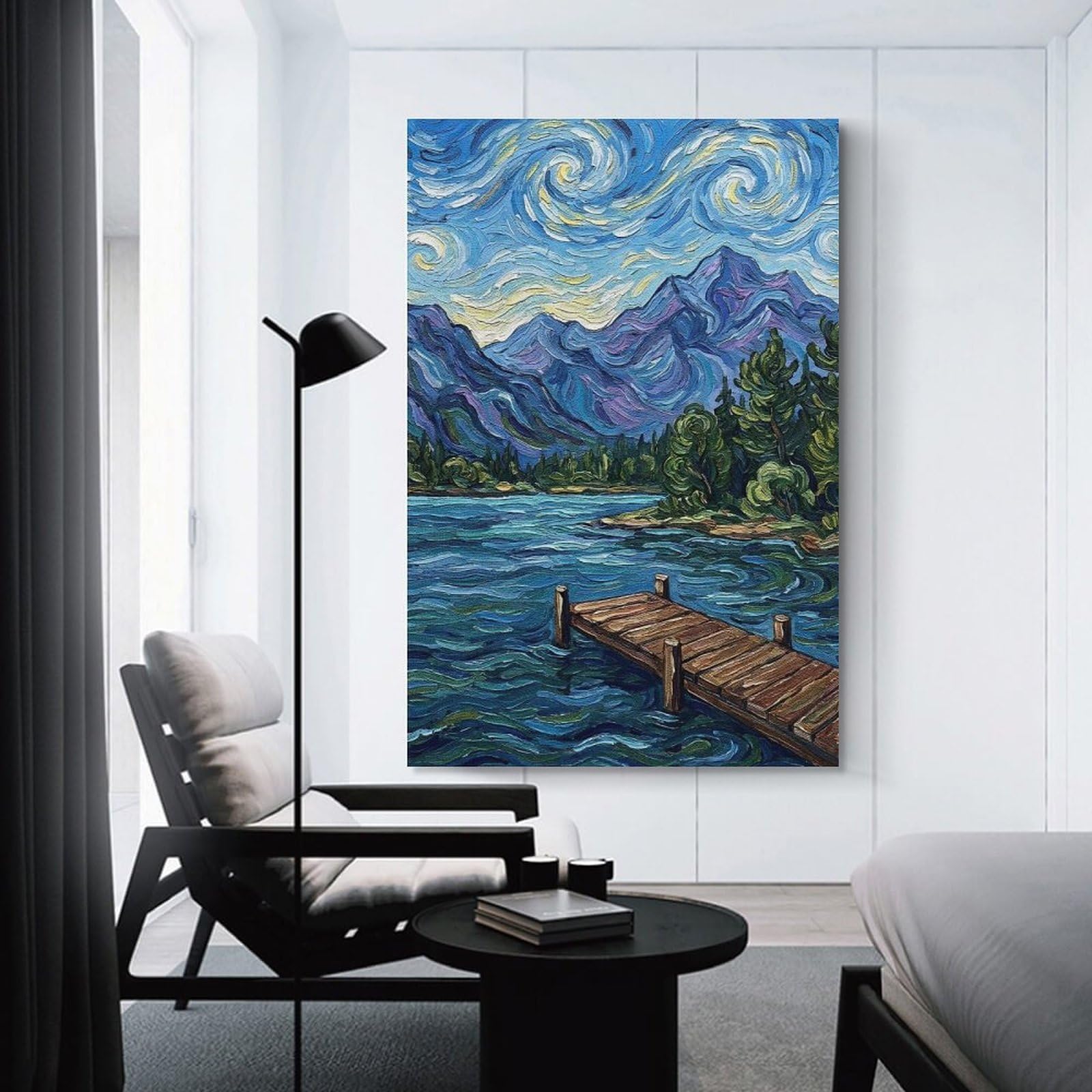 Junmoney Starry Night Inspired Lake Landscape Canvas Wall Decor, 24x36inch(60x90cm), for Bedroom, Guest Room Or Reading Nook, Canvas Wall Decor for Personal Spaces