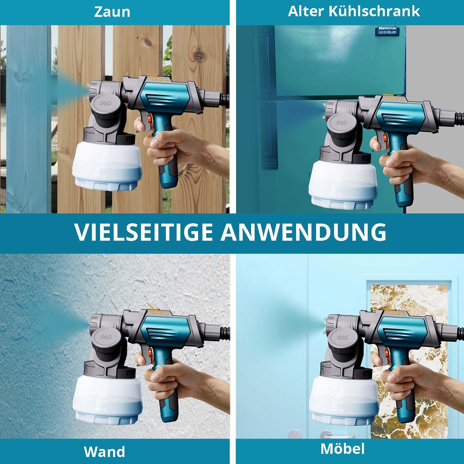 Tilswall Farbsprühsystem Shark 800 HVLP Elektro-Farbsprühgerät mit 1300ml Behälter, 120 DIN-s Lackierpistole Elektrisch mit 4 Düsen und 3 Sprühmodi für Innen- und Außenwandfarben (Blau)