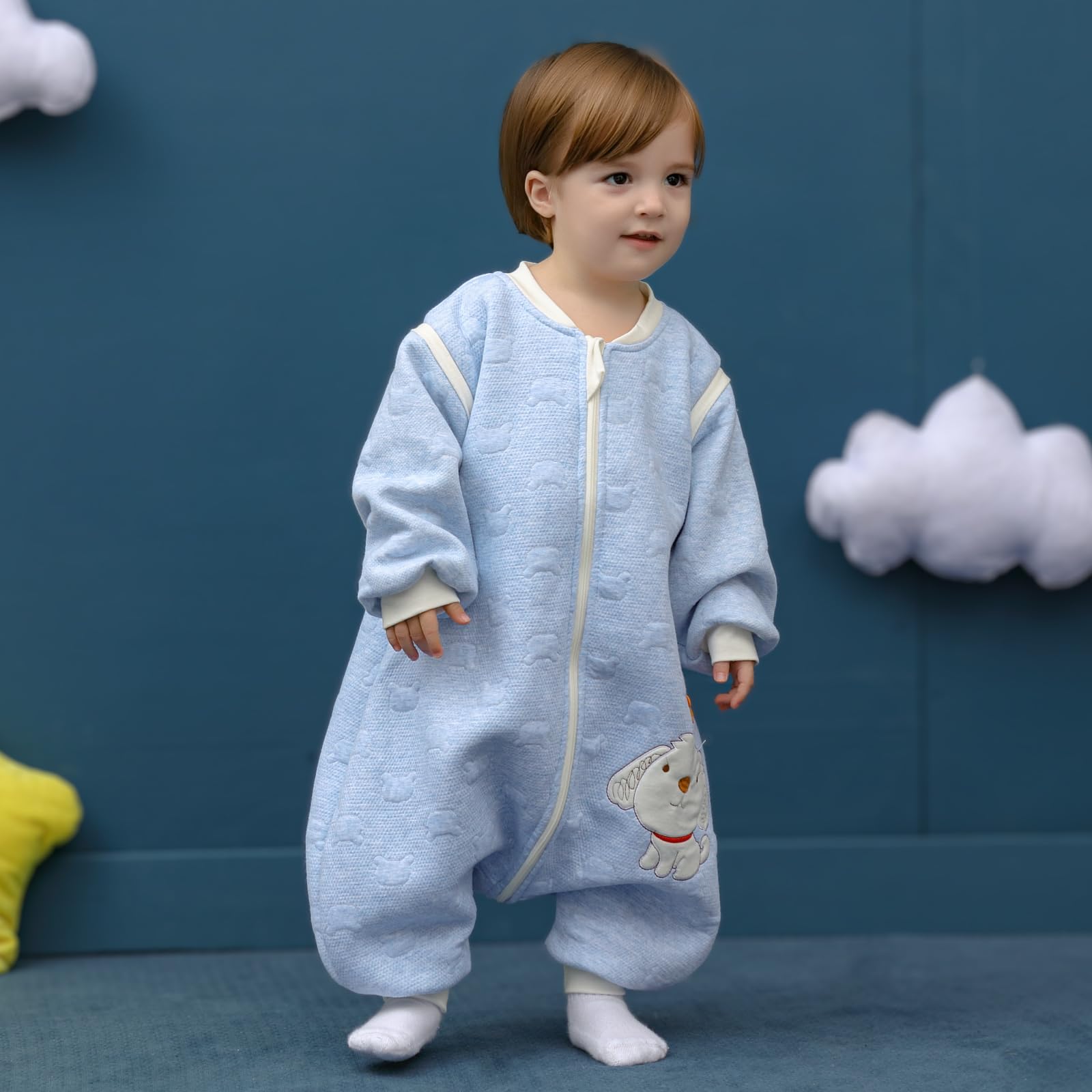 Sacco nanna invernale a maniche lunghe, per bimbe e bimbi, con aperture per i piedi e motivo di cagnolino, in cotone, unisex, per tutto l'anno, Blu 36-48 Monate