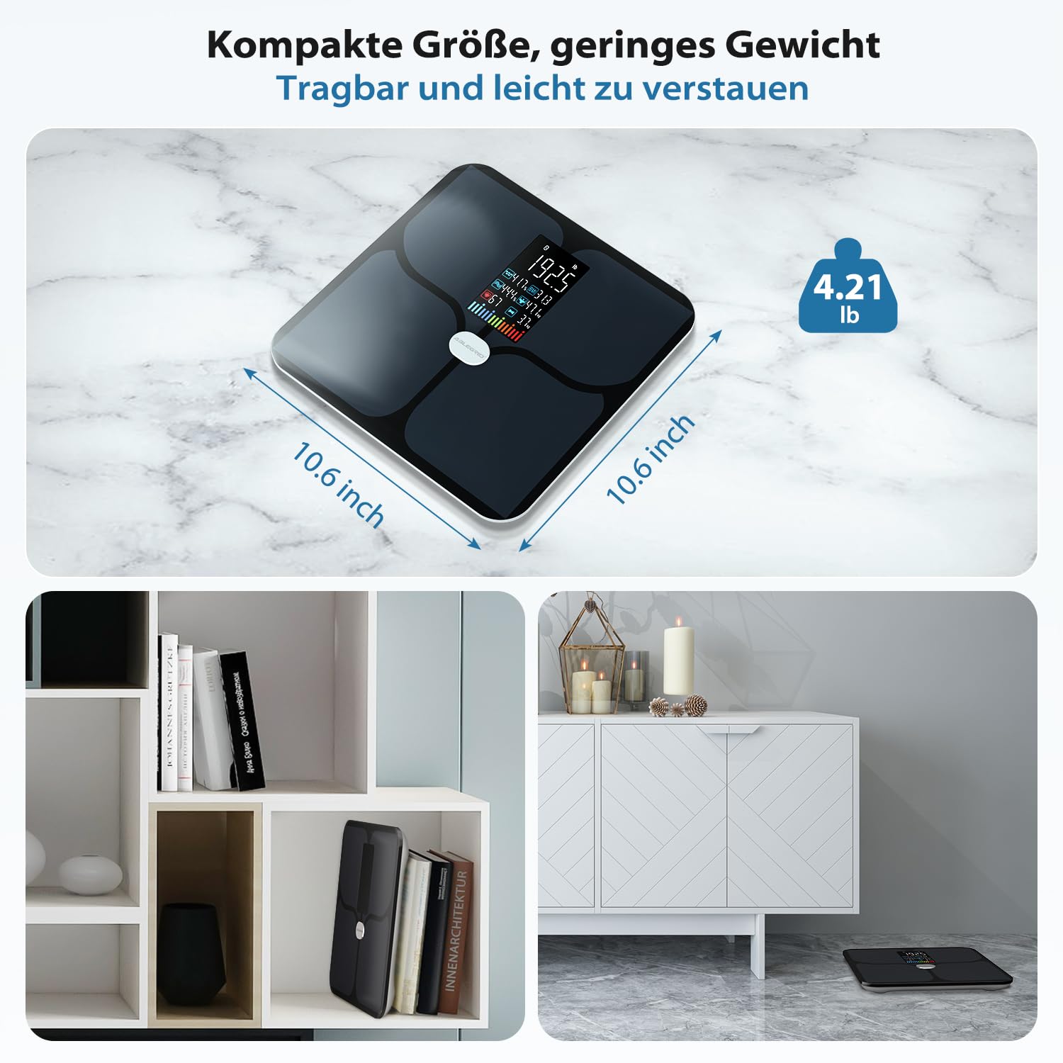 ABLEGRID Wiederaufladbar Körperfettwaage, LED Personenwaage Digital Mit Körperfett Und Muskelmasse Körperfettanalyse, 16 Messungen Der Körperzusammensetzung BMI, Herzfrequenz, 180kg, Schwarz
