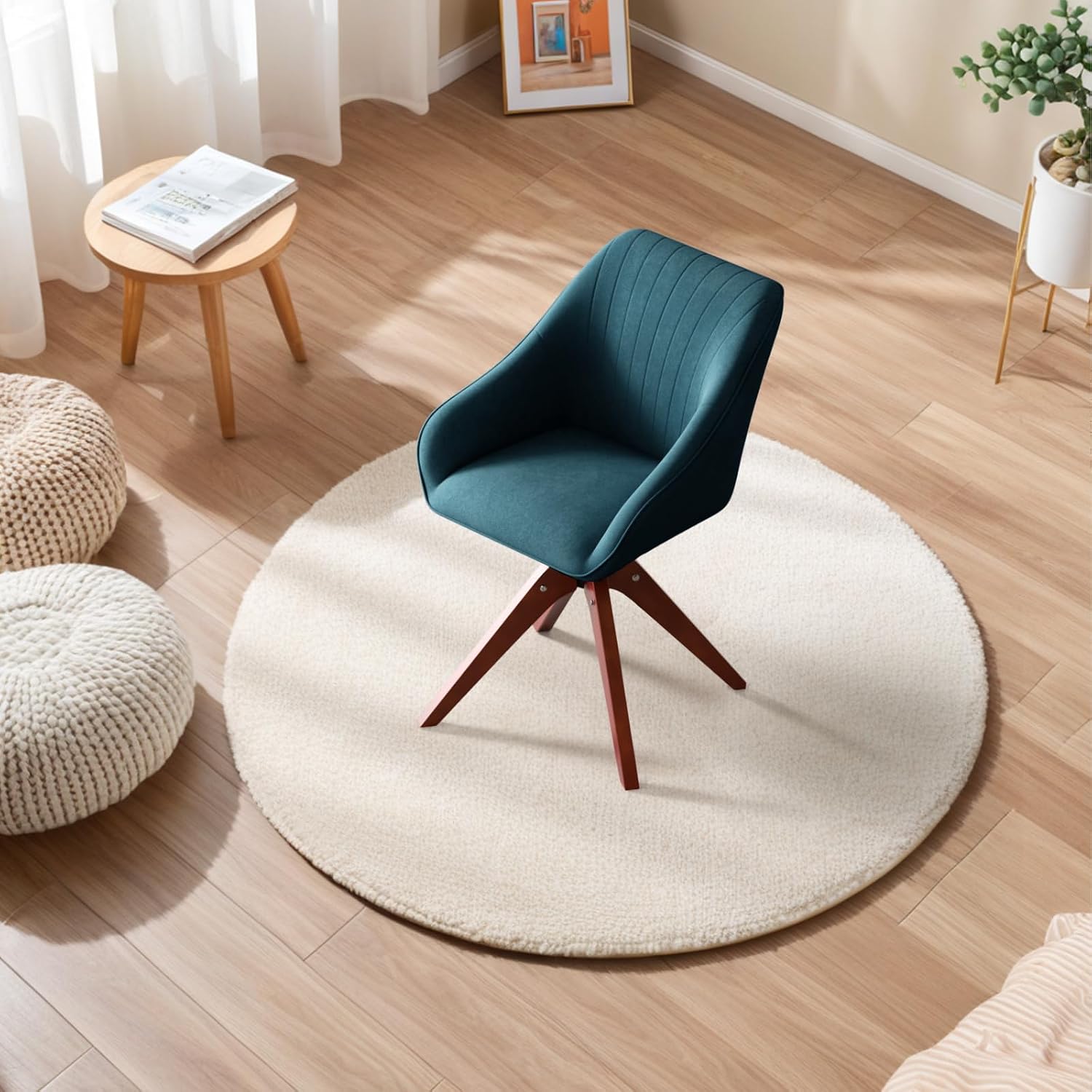 Swivel Accent Chair Modern Linen Upholstered Armchair Office Desk Chair No Wheels Comfortable Wooden Legs Comfy Vanity Chair Stylish Reading Chair for Bedroom Living Room Office Decor,Sky Blue