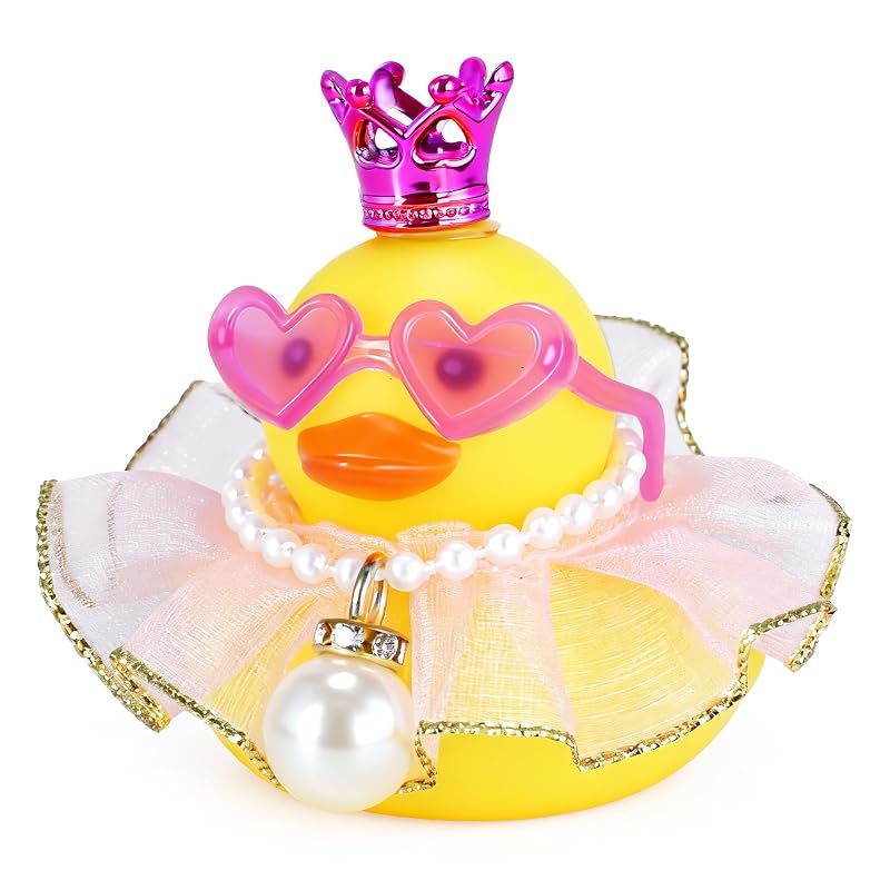 Pato de Borracha Amarelo com Coroa Roxa, Saia Rosa, Óculos de Coração e Colar de Pérolas BOZILY para Decoração Automotiva