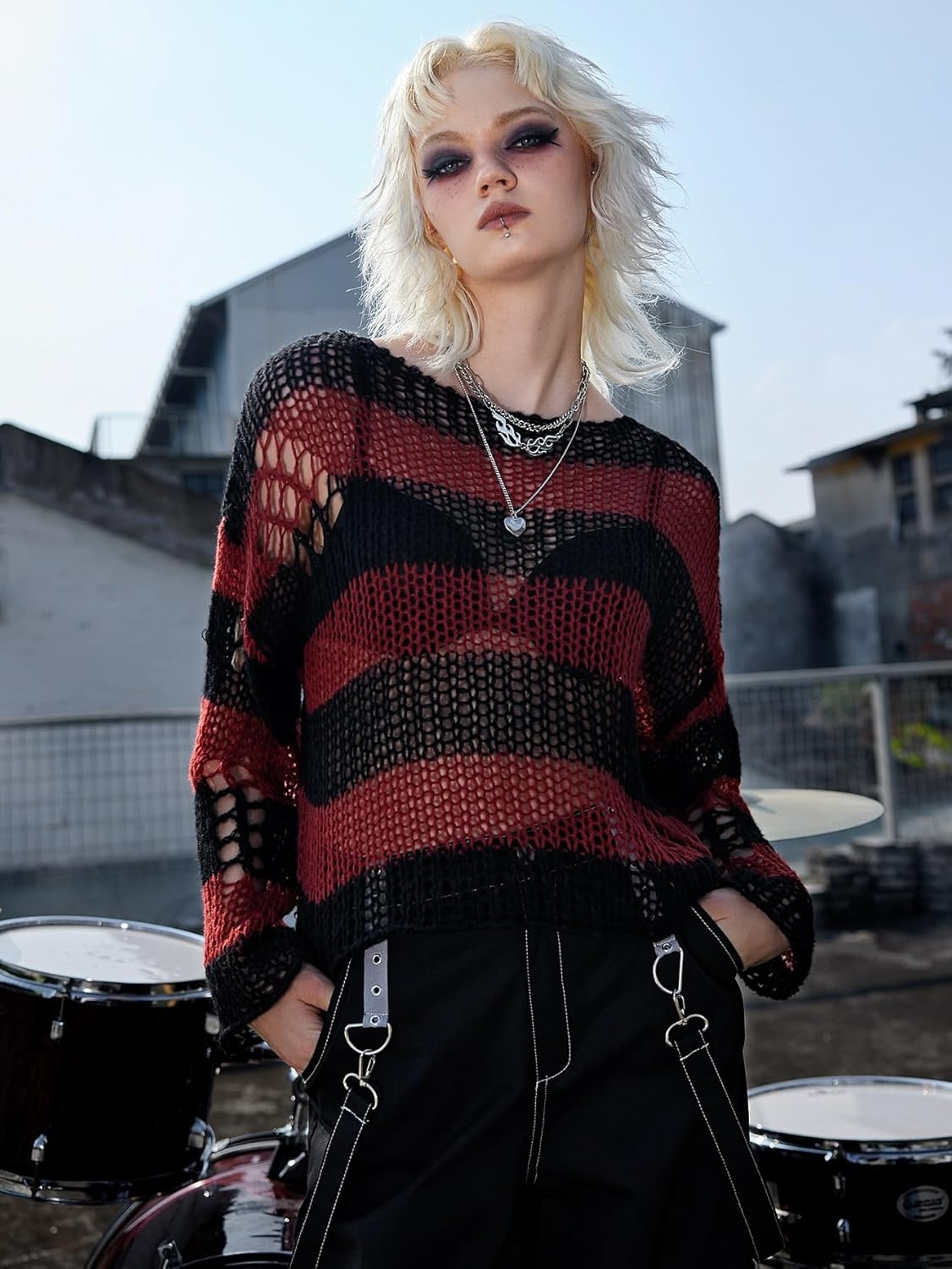 Women's Sweater Striped Pattern Drop Shoulder Sweater Sweater for Women (Color : Multicolor, Size : Medium)