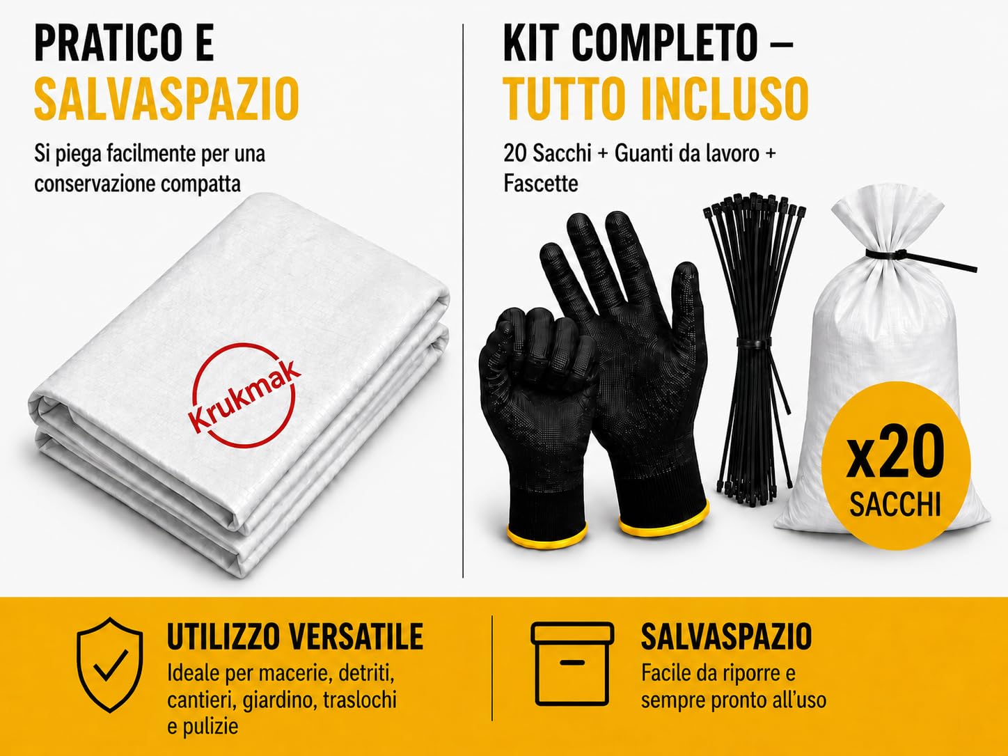 20 sacchetti da cantiere, 95 x 55 cm, in polipropilene intrecciato, ultra resistenti, con 20 fascette e 1 paio di guanti da manipolazione