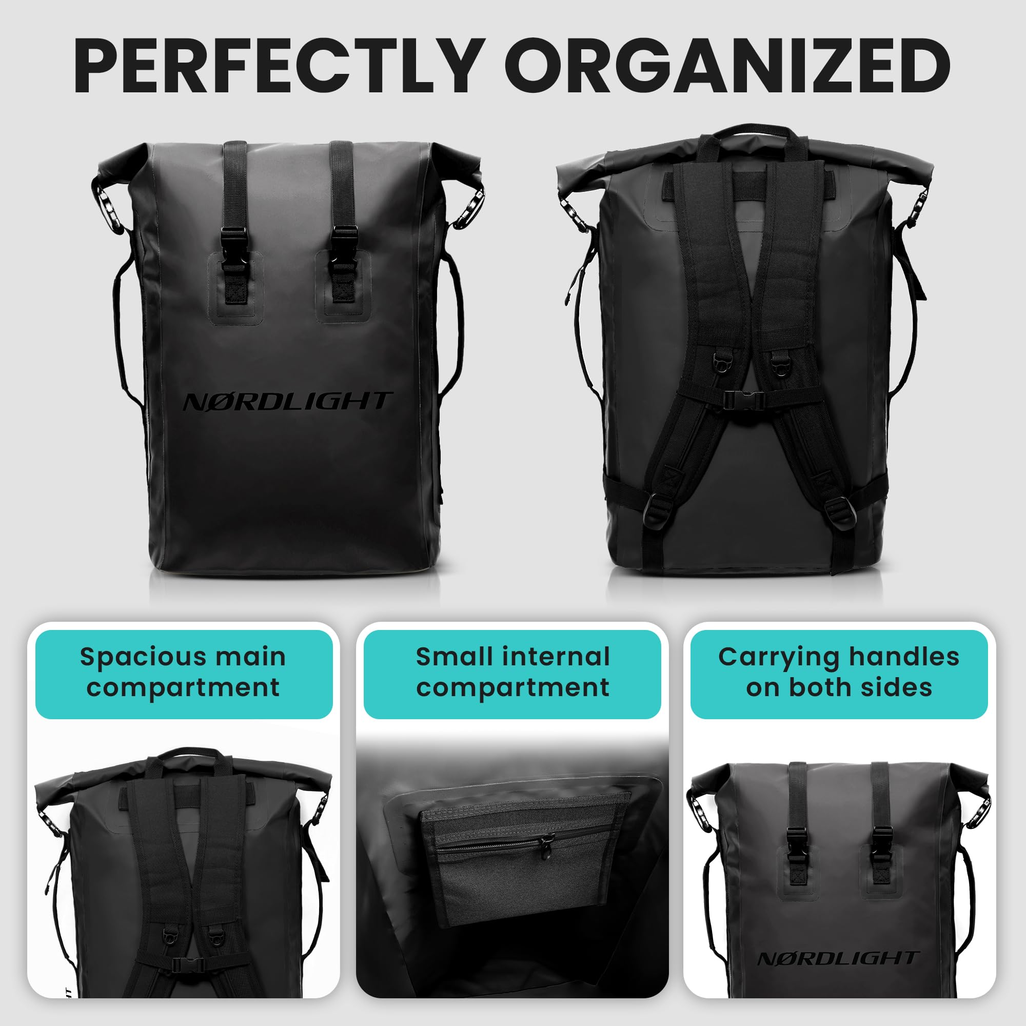 Nordlight Mochila impermeable Dry Bag 35l - (Negro) Roll Top Backpack con correa de transporte acolchada, mochila de bicicleta, mochila de mensajero, senderismo, pesca