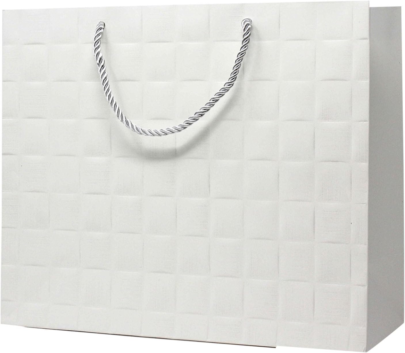 Singular Metallizing Paper Square Embossed Horizontal Paper, Shopping, Retail Bag with Rope Handle, Large, 16'' L x 12.6'' W x 4.7'' H, White, Set of 12