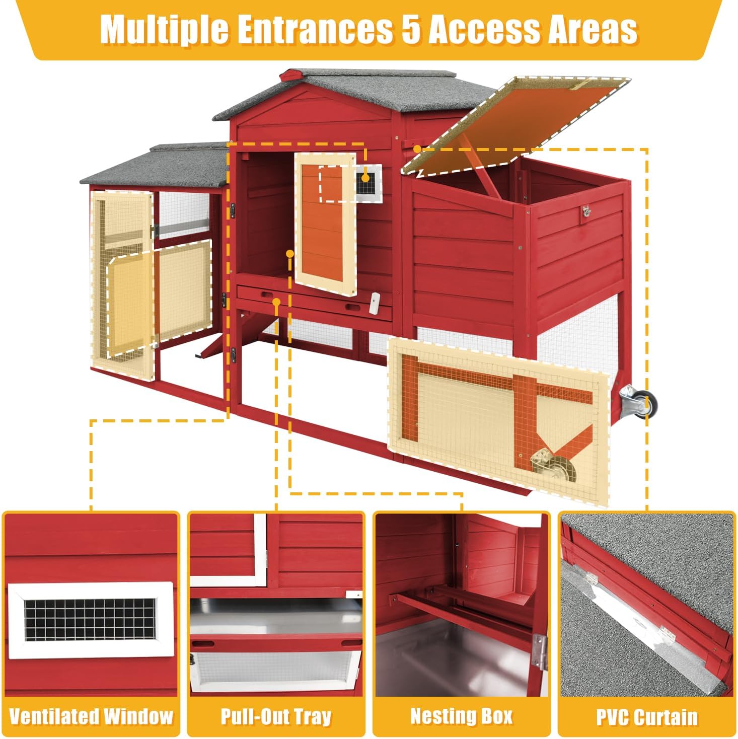 Ketive Wooden Chicken Coop with Run and Nesting Box, Outdoor Asphalt Waterproof Hen House with Removable Tray, Secure Chicken Rabbit Hutch for Backyard Garden (RED)