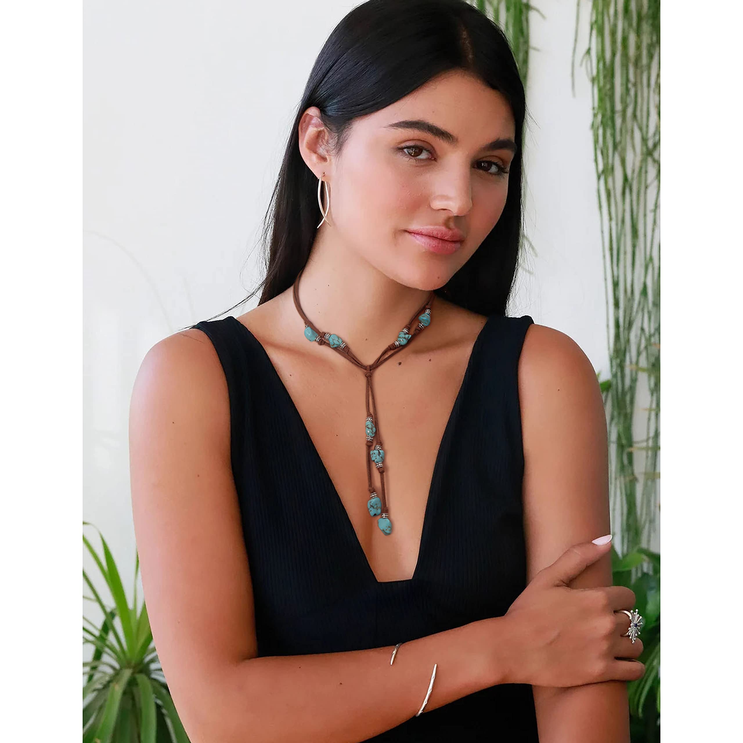 Collar de gamuza turquesa para mujer, hecho a mano, en forma de Y, bohemio, vintage, colgante, joyería Lariat…, Zinc, Turquesa 4