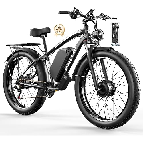 E·Bycco 6000W Peak Dual Motor Electric Bike, 40-47MPH 24 Inch Fat Tire Ebike for Adults, 52V 32AH 100 Miles Long Range with Hydraulic Disc Brake Mountain Electric Bicycles with Handlebar Riser(White)