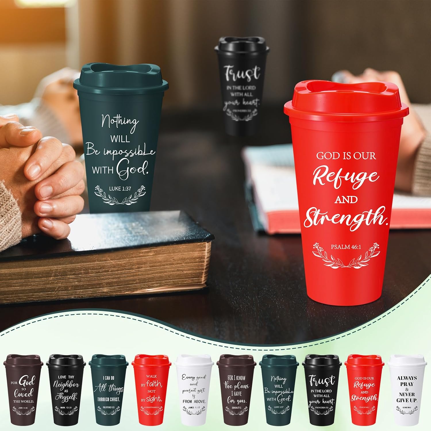LemonRoad 80 Sets Christian Gifts Bulk 16oz Reusable Bible Verse Coffee Cups with Lids Cards and Gift Bags Inspirational Religious Gifts for Church Party (Retro Color)