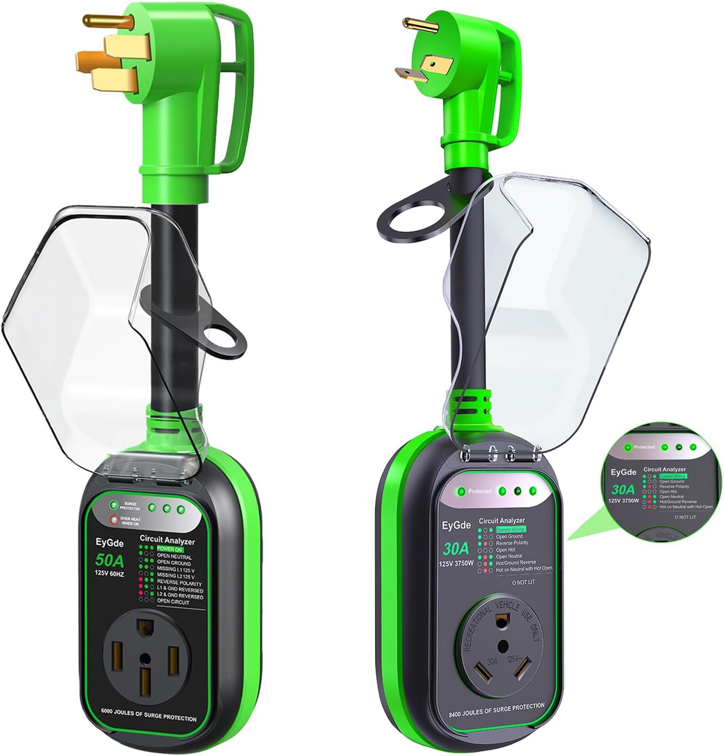 EyGde RV Surge Protector 50 Amp Waterproof - RV Circuit Analyzer Voltage Protection+RV Surge Protector 30 Amp Waterproof Upgraded 8400 Joules Surge Protector for 30Amp Plug
