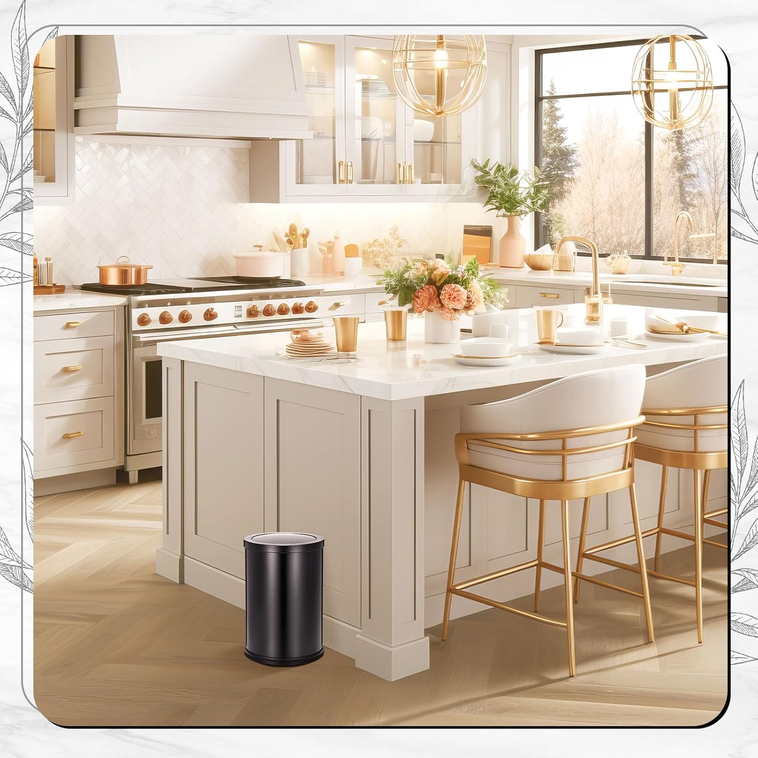 Maxdot 2 Pcs 2.4 Gallon/9 L Black Bathroom Trash Can with Flip Lid and Toilet Brush Set, Small Luxury Stainless Steel Garbage Trash Can Wastebasket Bin for Home Office Hotel Bathroom Bedroom Kitchen