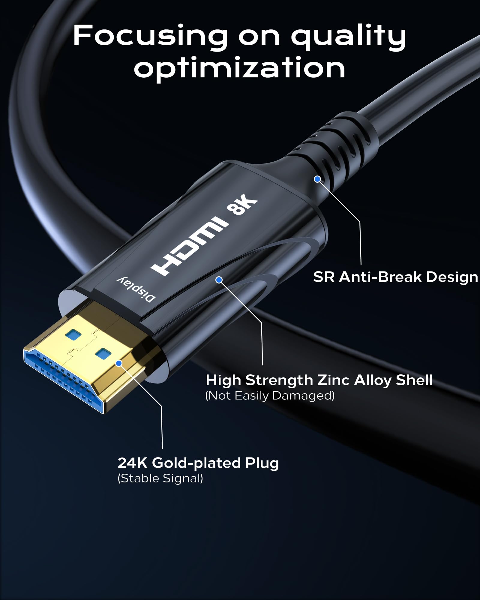 Cable HDMI de fibra óptica 8K de 50 pies, 48 Gbps, HDMI 2.1, cable HDMI de ultra alta velocidad, 8K 60Hz, 4K120Hz, HDCP 2.2 y 2.3, HDR10, compatible con monitor, proyector, HDTV