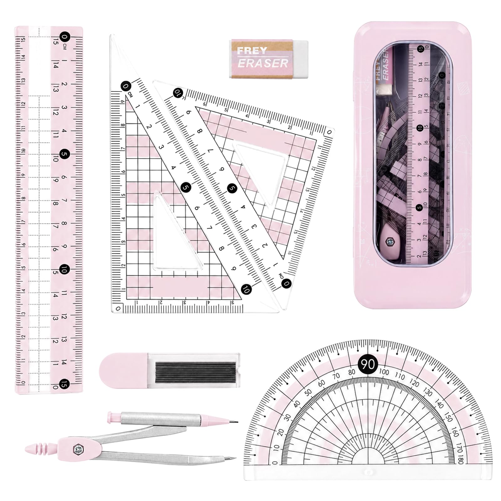 Maths Set, Pink Geometry Sets, 8 Piece Protractor and Compass Set