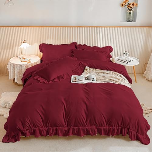Burgundy Bedding Sets Ruffle Frills Duvet Cover with Zipper Closure Soft Breathable Microfiber Duvet Cover Set Double 200 x 200 cm - Burgundy - Double Size 200 x 200 cm