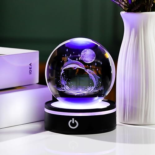 Miniatura 5 de YWHL Bola de figura de delfín de cristal 3.14 pulgadas, regalos de delfines para mujeres y hombres, estatua coleccionable de cristal para decoración