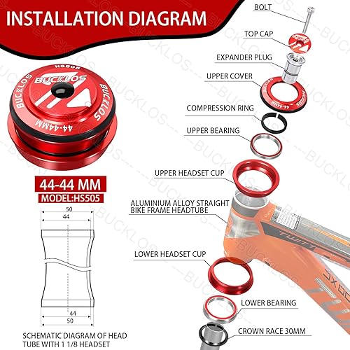 Vista 2 de BUCKLOS 1-1/8 Auriculares para bicicleta MTB sin rosca 34 44 44-50.6 44-55 44-56 1.646-2.047 in, tubo cónico recto para bicicletas de montaña