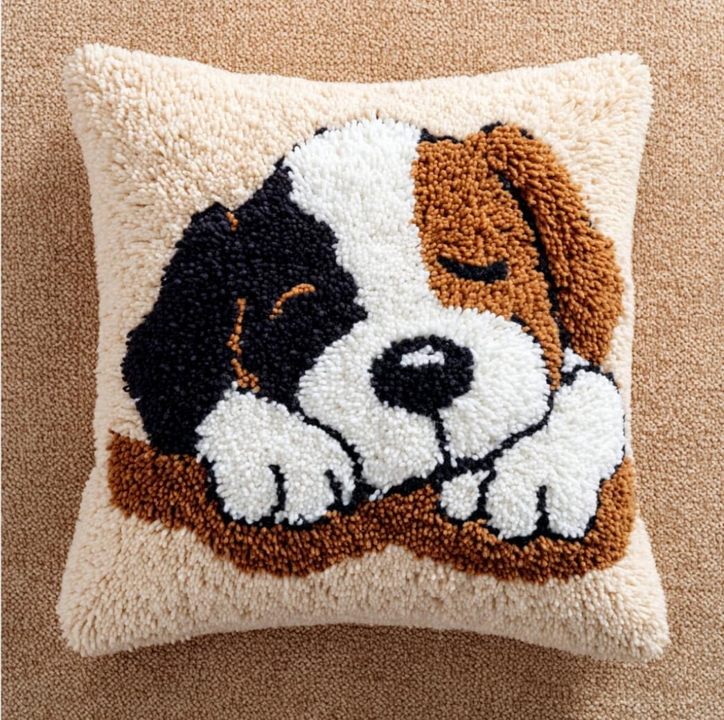 WallustrioaW Latch Hook Pillow Case Kits,Dog 17X17 Inch Latch Hook Cushion Cover Kit,Knitting Kits Cushion for Adults Rug Making Kit for Starters