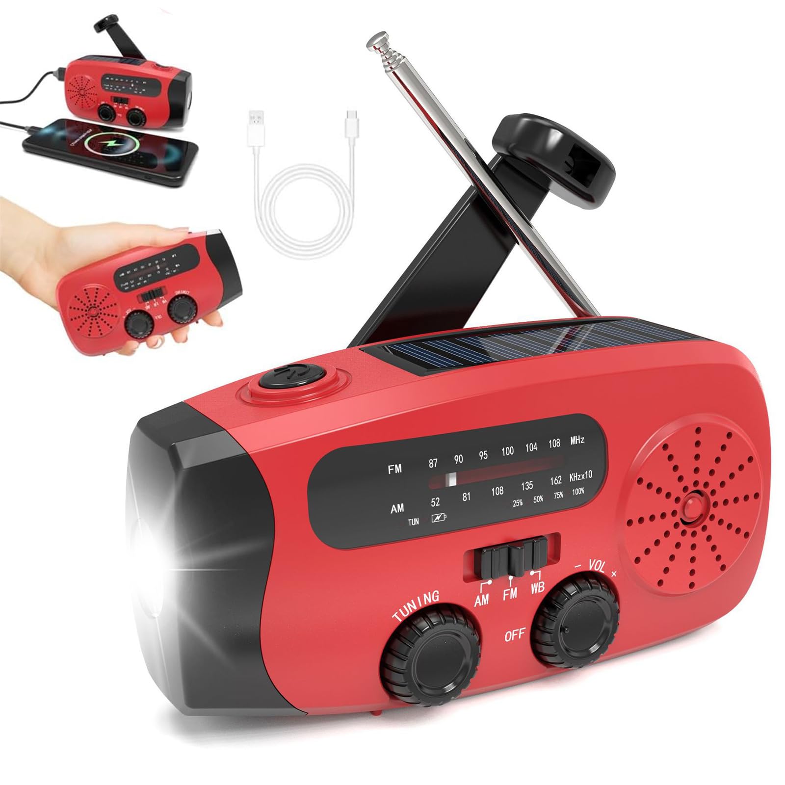 Radio d'urgence Solaire Portable avec Batterie 2000mAh, FM/AM/WB, Recharge USB, Camping Extérieur (Rouge)