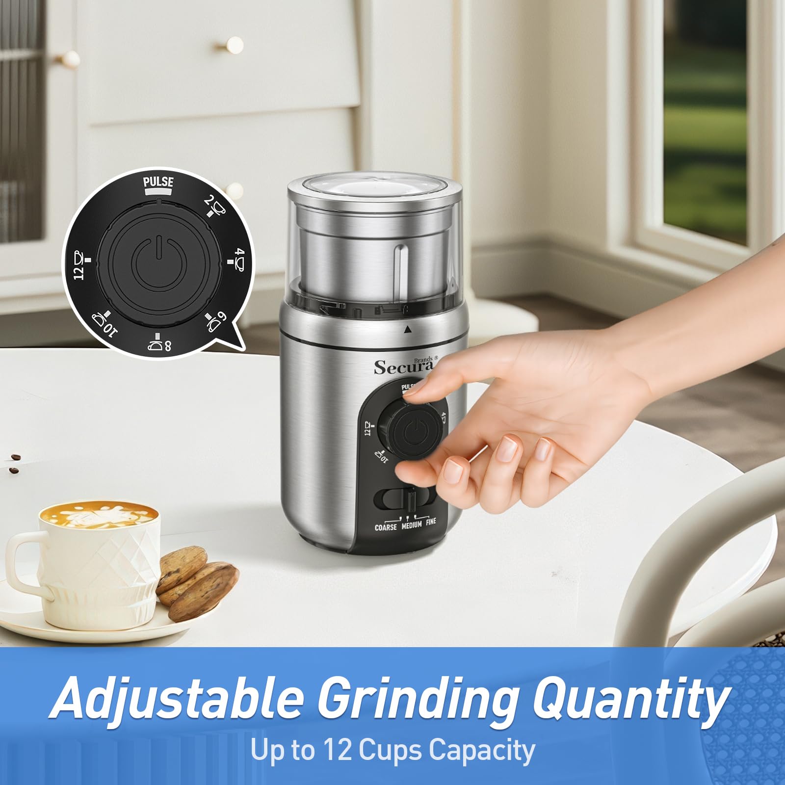 Secura Brands Electric Coffee Grinder for Coffee Beans, Spices, Herbs Adjustable Coarse to Fine Setting for 12 Cup Capacity with 1 Removable Stainless Steel Bowl, Ideal for Home Use, RV — view 3