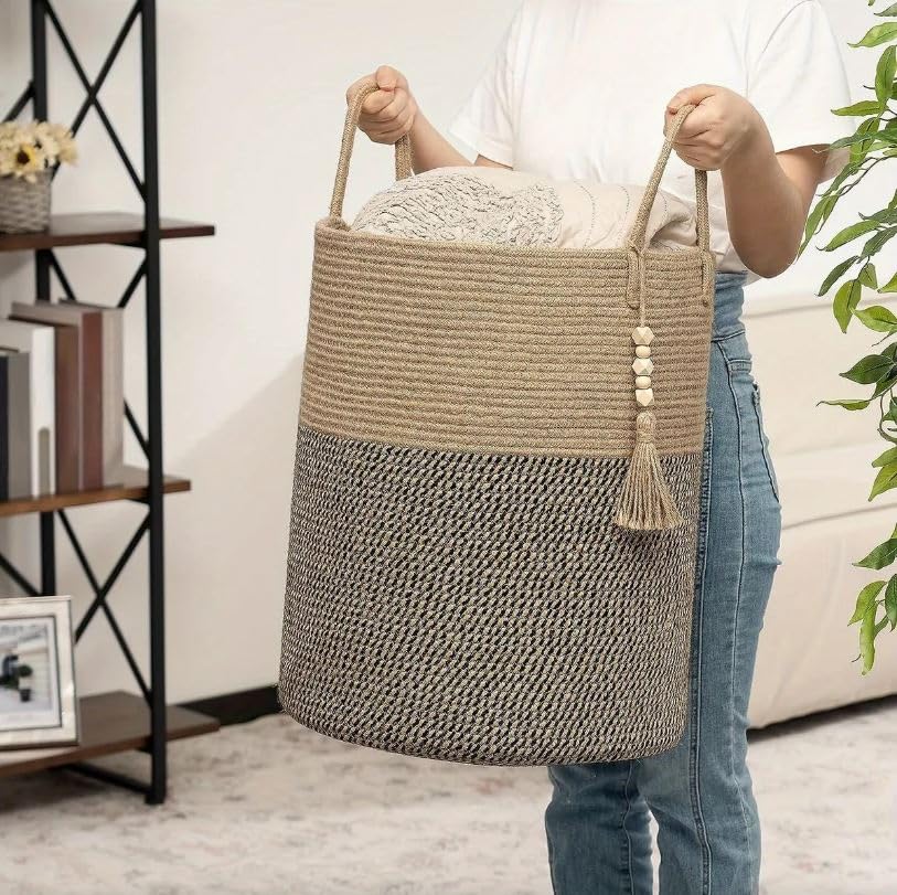 Cesto para la colada, 58 L, con asa, con algodón de alta calidad y tejido de lino, para salón y dormitorio (38 x 50 cm, café + negro)