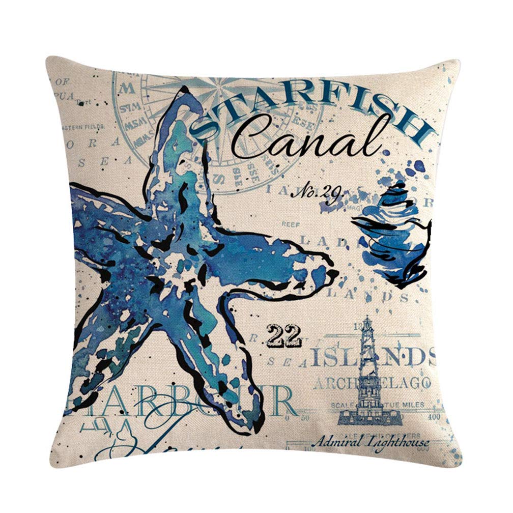 7COLORROOM 4pack Ocean Theme Throw Pillow Covers 18”×18” Sea Animals Pillowcases Cushion Covers Starfish-Seahorse-Octopus-Crab (Beach-3) 3