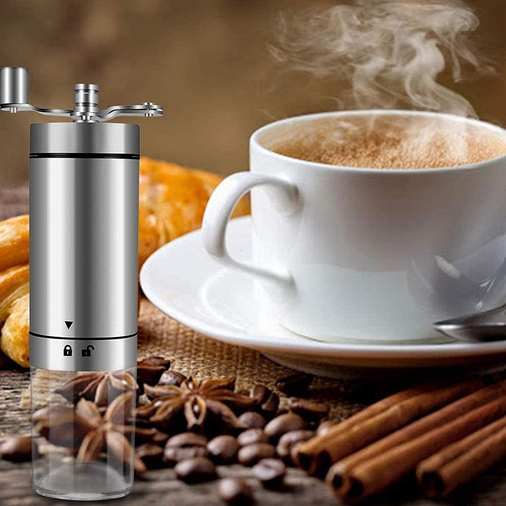 Ręczny młynek do kawy, ręczny młynek do fasoli, młynek do espresso, młynek ze stali nierdzewnej do domu, biura, podróży, srebrny