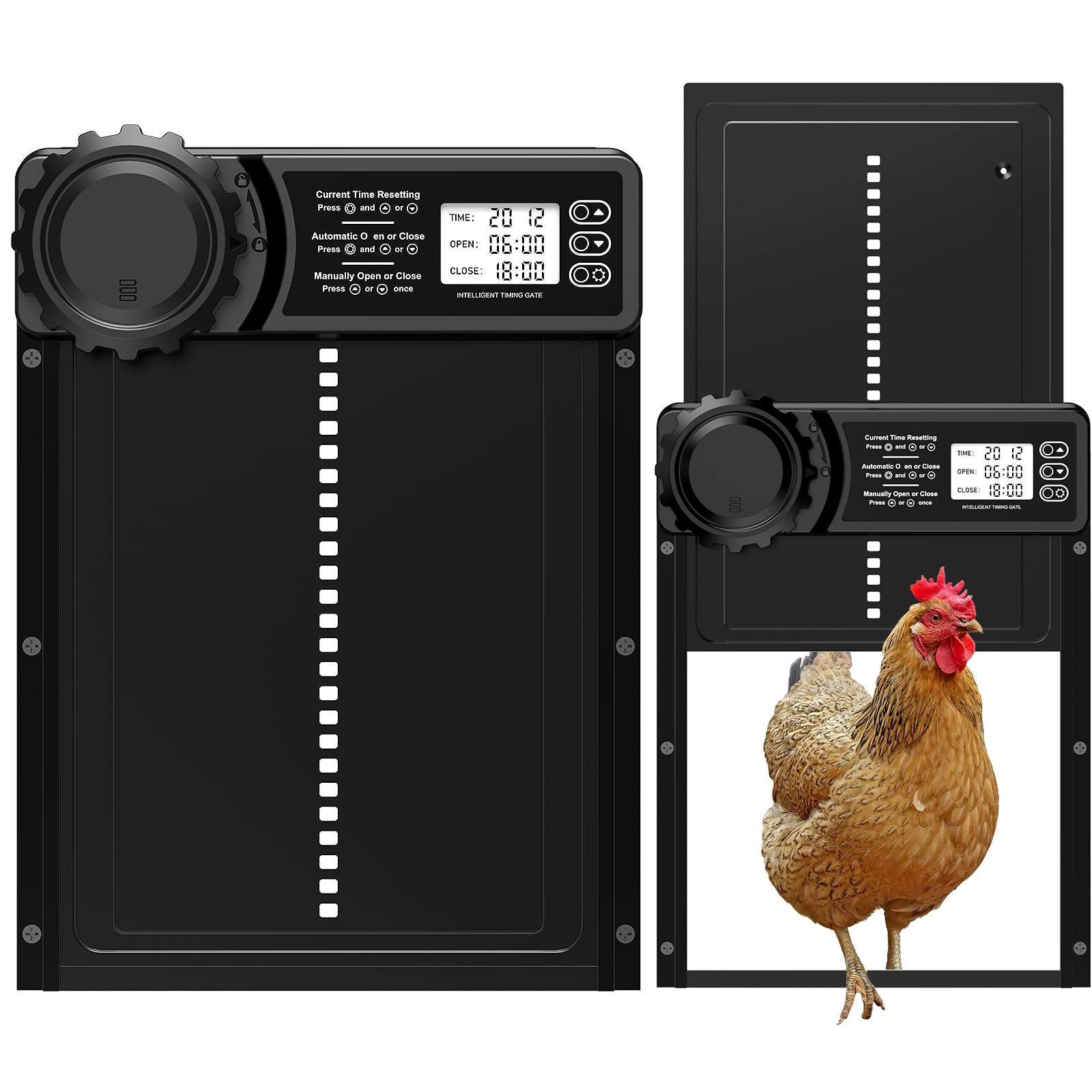 Aluminum Automatische Hühnerklappe Batterie, MASTERFUN Elektrische Hühnerklappe Automatisch Hühnertür mit Wasserdicht Großes Display, Timer, Manuelle, Intelligenter Einklemmschutz