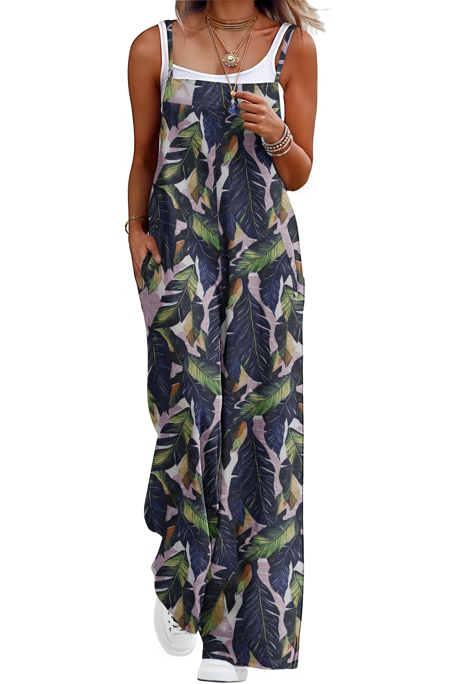 Lepunuo Womens Casual Loose Jumpsuits Summer Boho Wide Leg Rompers Sleeveless Overalls with Pockets